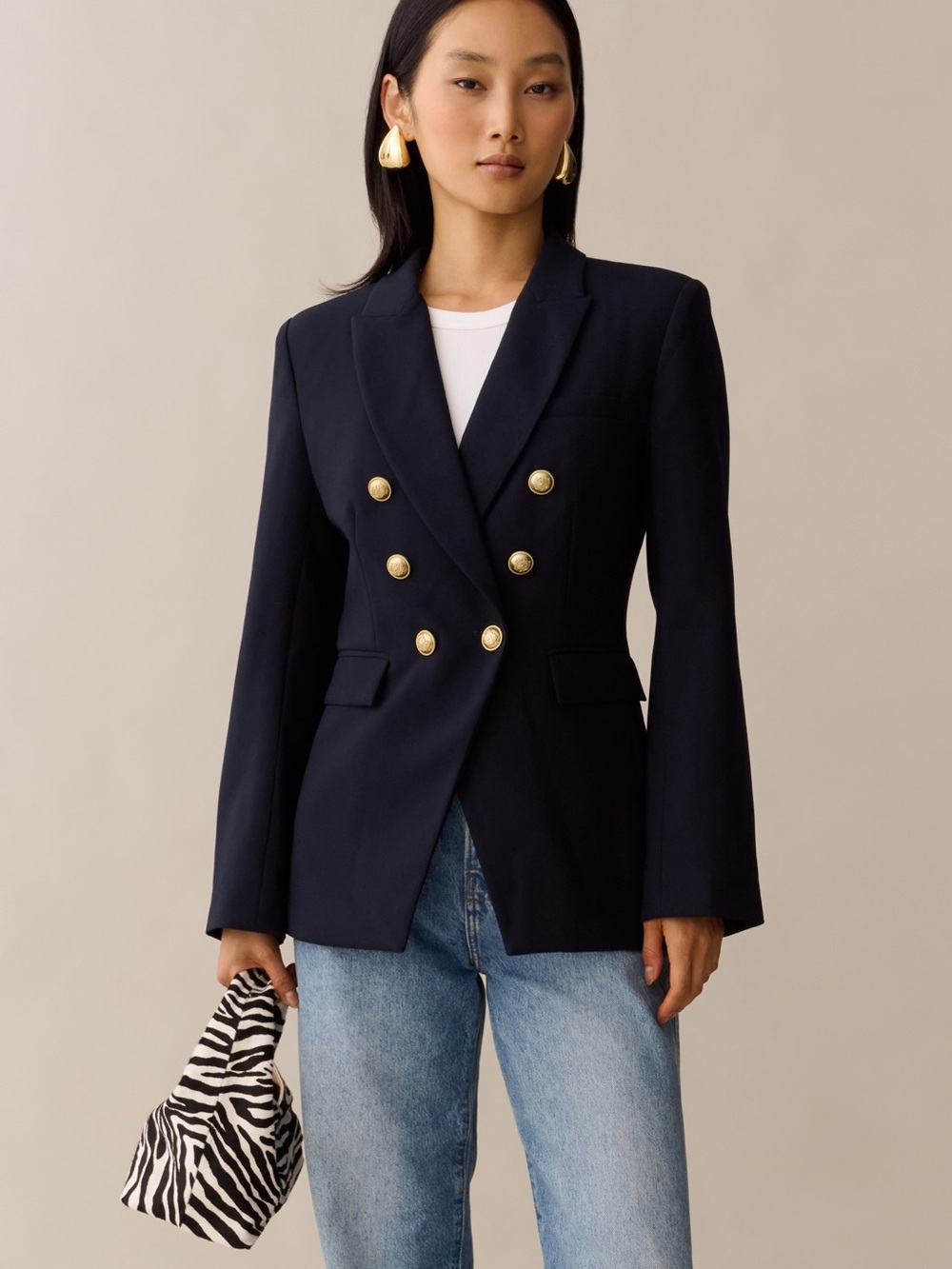Caara Selva Double-Breasted Navy Blazer Jacket with Gold Buttons NWT SZ XS